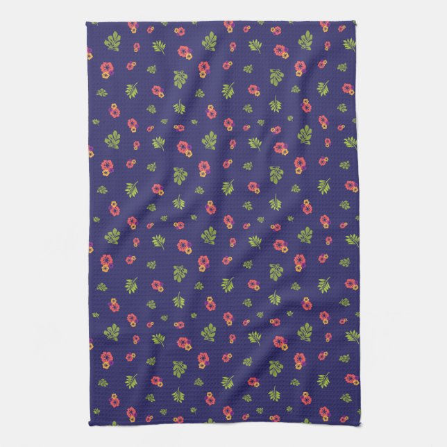 Tropical Hibiscus Floral Red Yellow Green Pattern Tea Towel (Vertical)