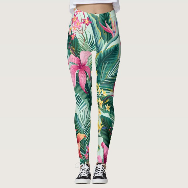 Tropical Hibiscus: Floral Seamless Pattern Leggings (Front)
