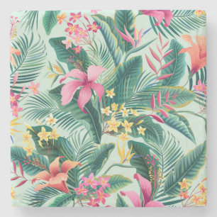 Tropical Hibiscus: Floral Seamless Pattern Stone Coaster