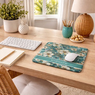Tropical Hibiscus Floral Teal Mouse Pad