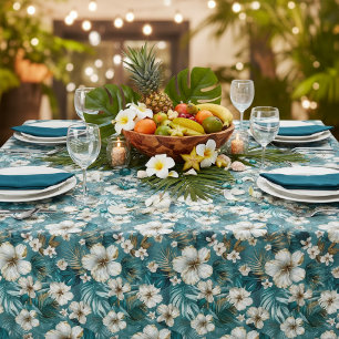 Tropical Hibiscus Floral Teal Tablecloth