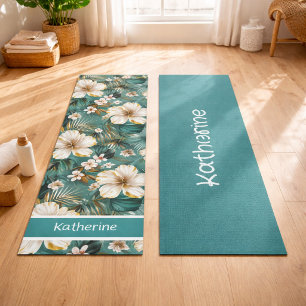 Tropical Hibiscus Floral Teal Yoga Mat