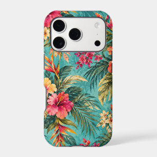 Tropical Hibiscus Floral Turquoise iPhone Case