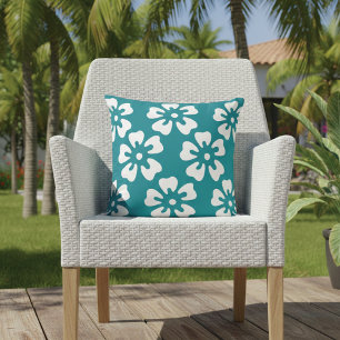 Tropical Hibiscus Floral Turquoise Outdoor Cushion