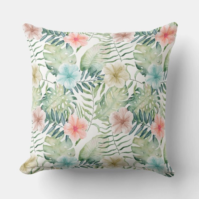 Tropical Hibiscus Floral Watercolor Cushion (Front)