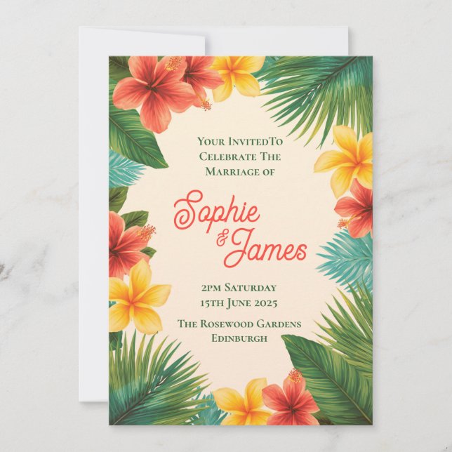 Tropical Hibiscus Floral Wedding Invitation (Front)