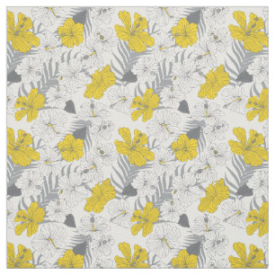 Tropical Hibiscus Floral Yellow and Grey Patterned Fabric