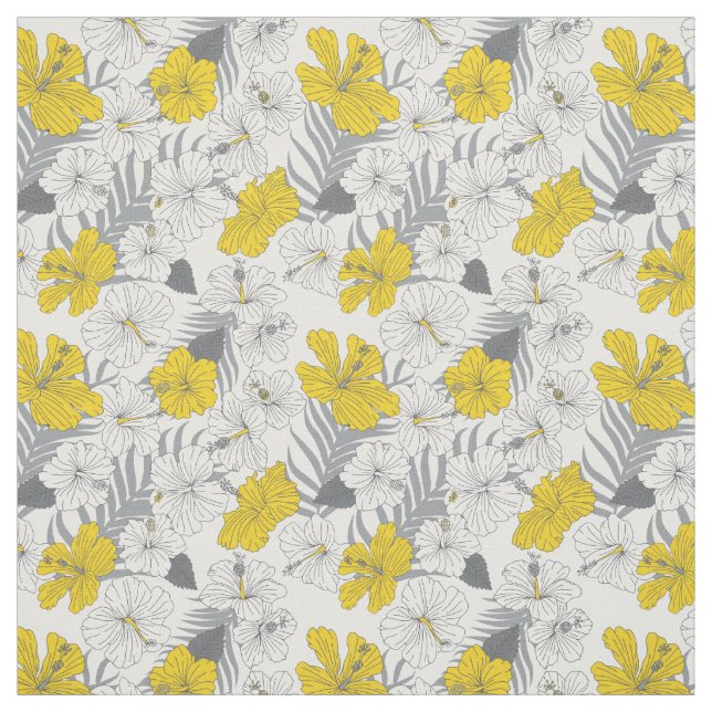 Tropical Hibiscus Floral Yellow and Grey Patterned Fabric (Swatch)