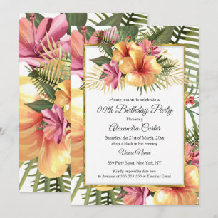 Tropical Hibiscus Floral Yellow Pink Gold Birthday Invitation