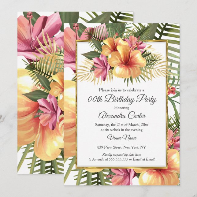 Tropical Hibiscus Floral Yellow Pink Gold Birthday Invitation (Front/Back)
