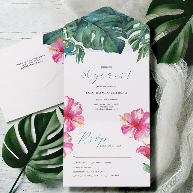 Tropical Hibiscus Flower 50th Wedding Anniversary All In One Invitation (50th wedding anniversary invitations with rsvp tropical watercolor floral by Victoria Grigaliunas)