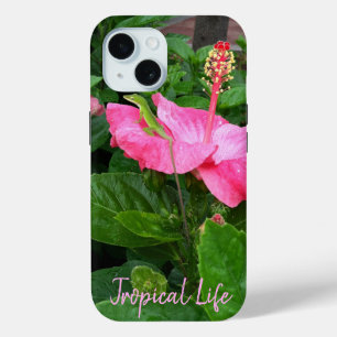 Tropical Hibiscus Flower Anole Lizard Photo Custom iPhone 15 Case