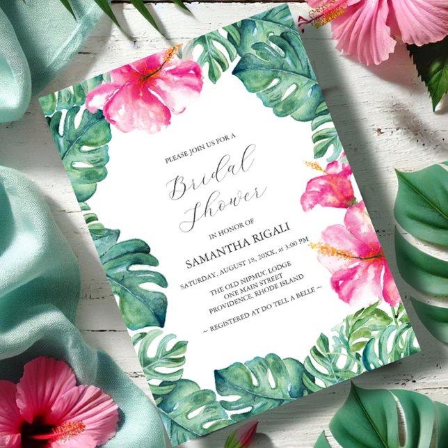 Tropical Hibiscus Flower Bridal Shower Invitation (Bridal shower invitations tropical pink hibiscus flower monstera palm leaves garden Vic Grigaliunas)