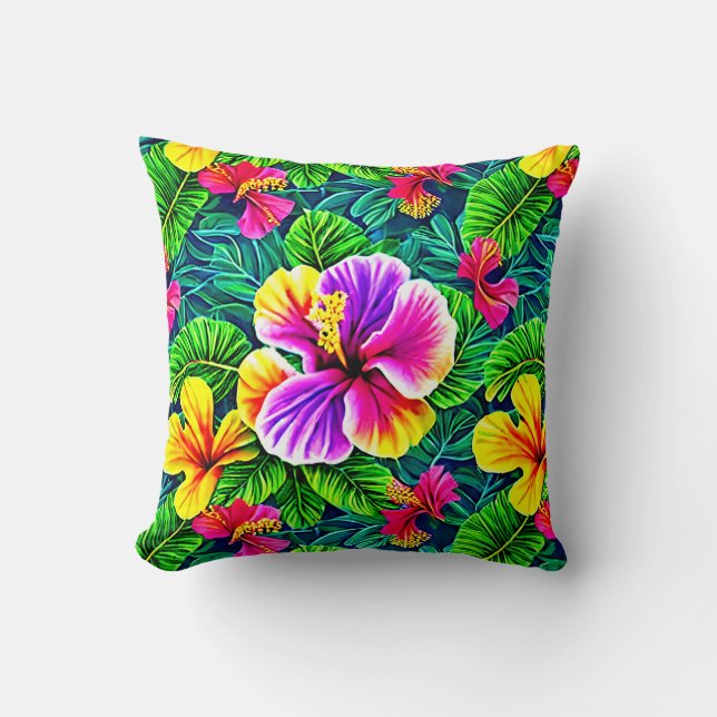 Tropical Hibiscus Flower Jungle Leaf  Cushion (Front)