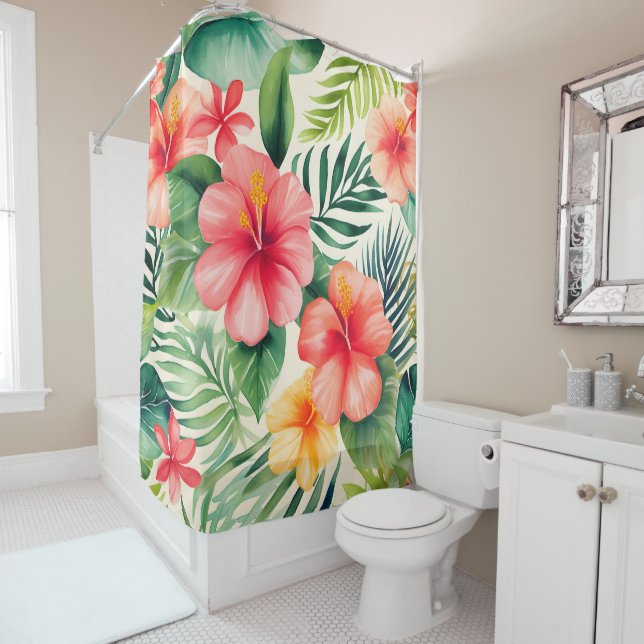 Tropical hibiscus Flower Pattern Shower Curtain (In Situ)