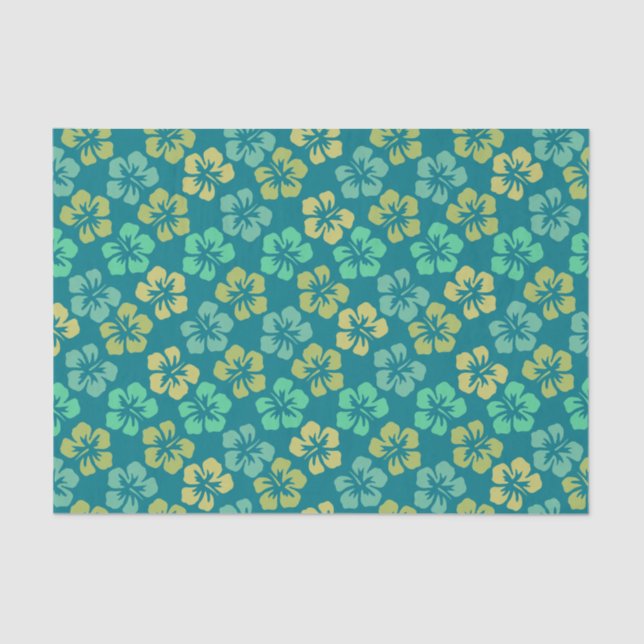 Tropical Hibiscus Flower Teal Pattern Tissue Paper (Front)