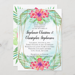 Tropical Hibiscus Flower Watercolor Beach Wedding Invitation
