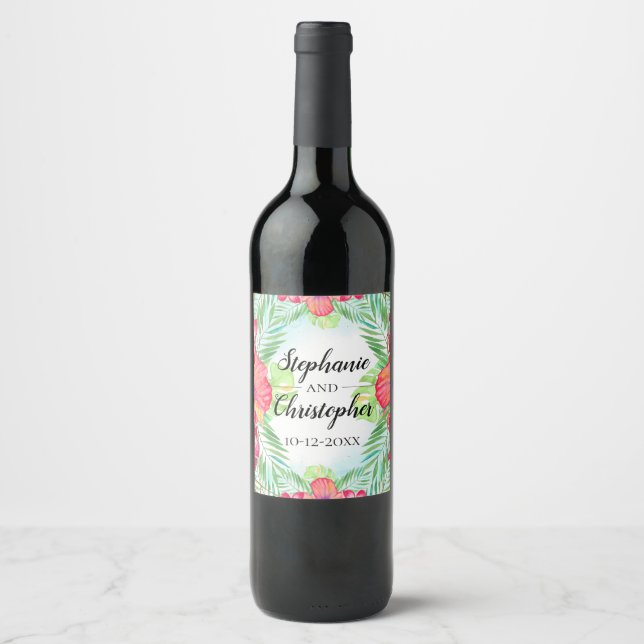 Tropical Hibiscus Flower Watercolor Beach Wedding  Wine Label (Front)