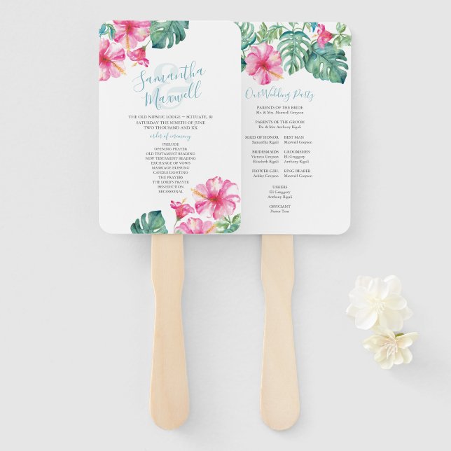 Tropical Hibiscus Flower Wedding Program Fan (Front and Back)
