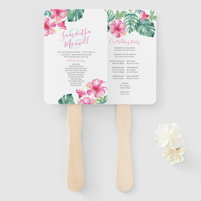 Tropical Hibiscus Flower Wedding Program Fan (Front and Back)