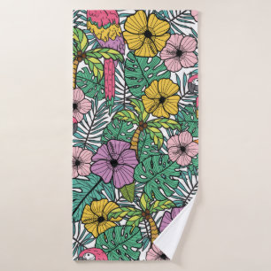 Tropical hibiscus flower with palm, parrots and ex bath towel