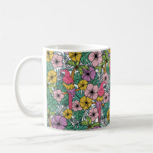 Tropical hibiscus flower with palm, parrots and ex coffee mug