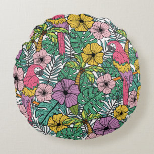 Tropical hibiscus flower with palm, parrots and ex round cushion