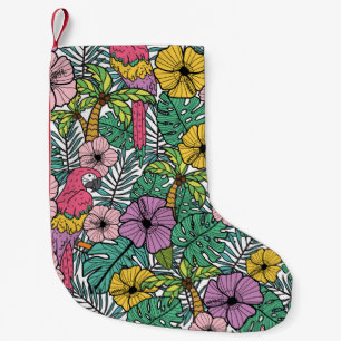 Tropical hibiscus flower with palm, parrots and ex small christmas stocking