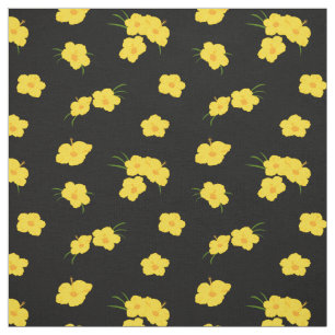 Tropical Hibiscus Flower Yellow Black Patterned Fabric