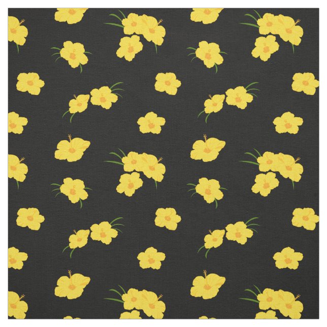 Tropical Hibiscus Flower Yellow Black Patterned Fabric (Swatch)