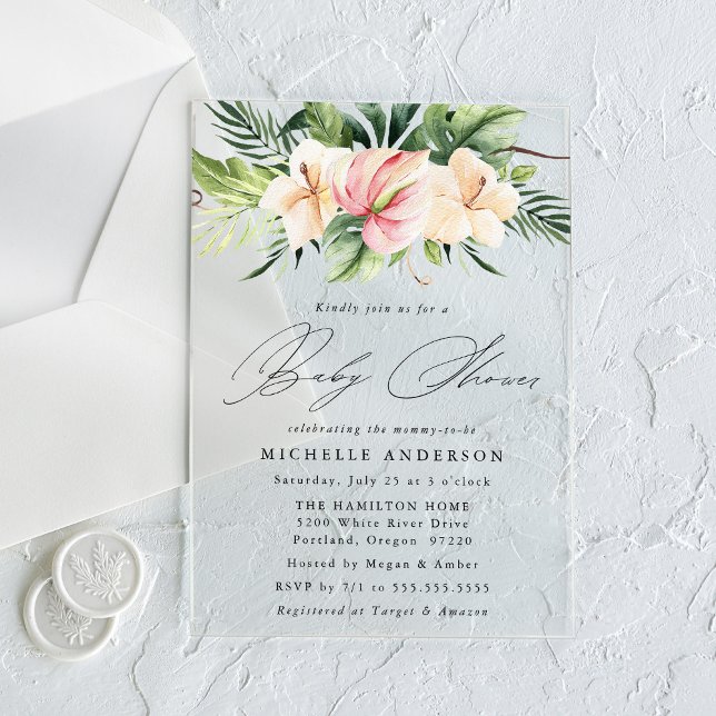 Tropical Hibiscus Flowers and Leaves Baby Shower Acrylic Invitations (Creator Uploaded)