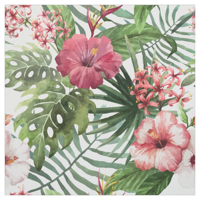 Tropical hibiscus flowers foliage pattern fabric (Swatch)