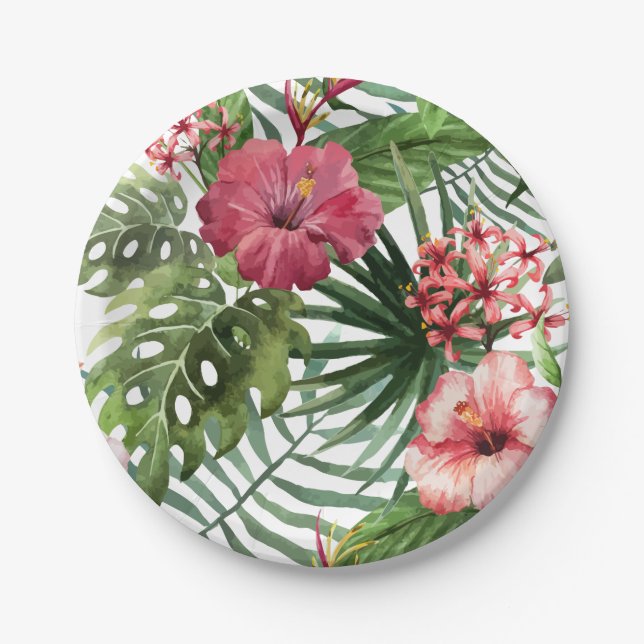 Tropical hibiscus flowers foliage pattern paper plate (Front)