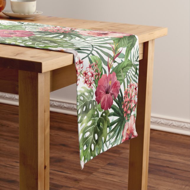 Tropical hibiscus flowers foliage pattern short table runner (In Situ)