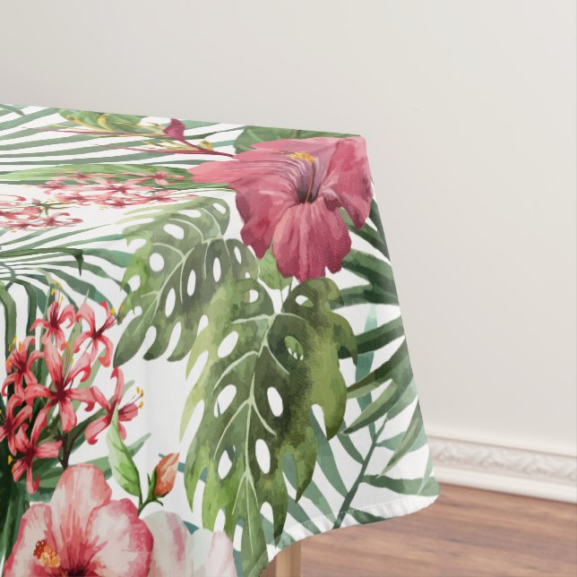 Tropical hibiscus flowers foliage pattern tablecloth (In Situ)