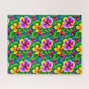Tropical Hibiscus Flowers & Jungle Leaves Jigsaw Puzzle