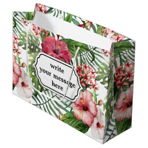 Tropical hibiscus flowers leaves foliage pattern large gift bag