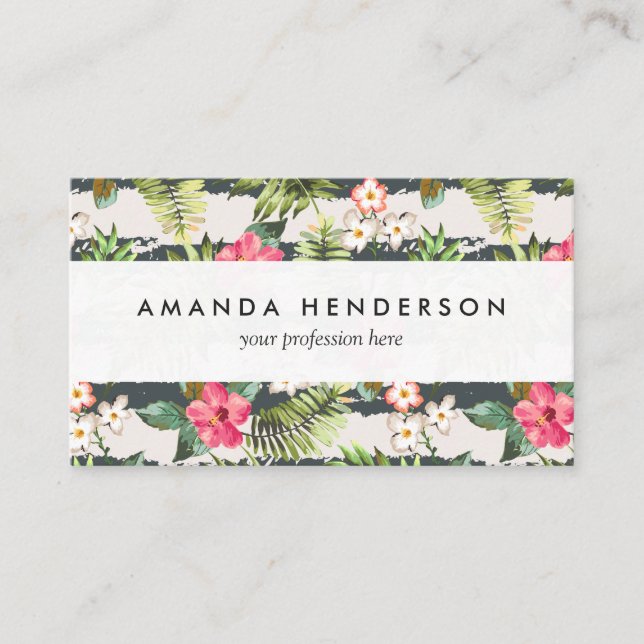 Tropical Hibiscus Flowers Leaves Stripes Pattern Business Card (Front)