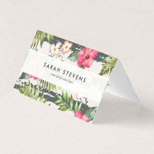 Tropical Hibiscus Flowers Leaves Stripes Pattern Business Card