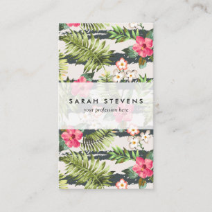 Tropical Hibiscus Flowers Leaves Stripes Pattern Business Card