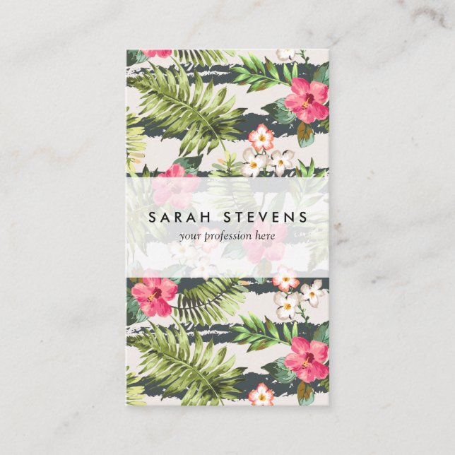 Tropical Hibiscus Flowers Leaves Stripes Pattern Business Card (Front)