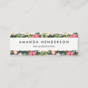 Tropical Hibiscus Flowers Leaves Stripes Pattern Mini Business Card