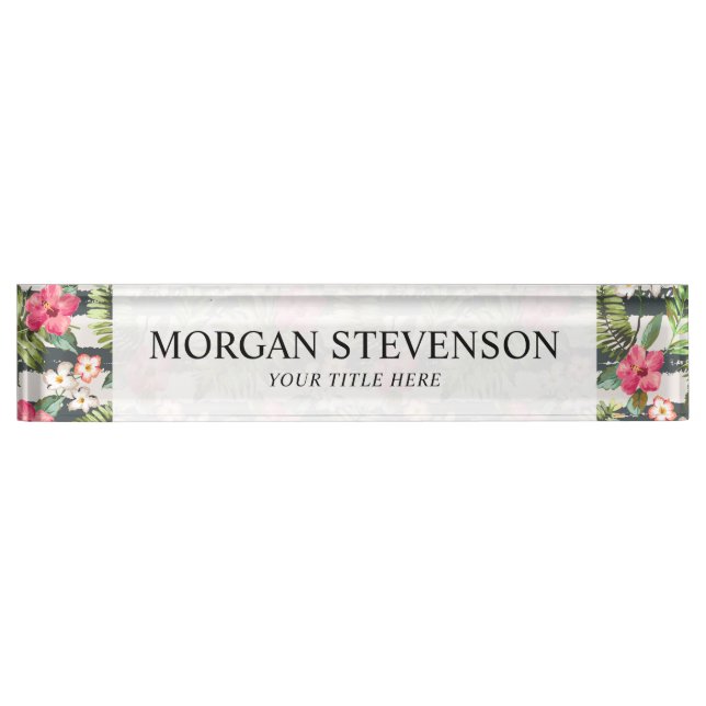 Tropical Hibiscus Flowers Leaves Stripes Pattern Nameplate (Front)