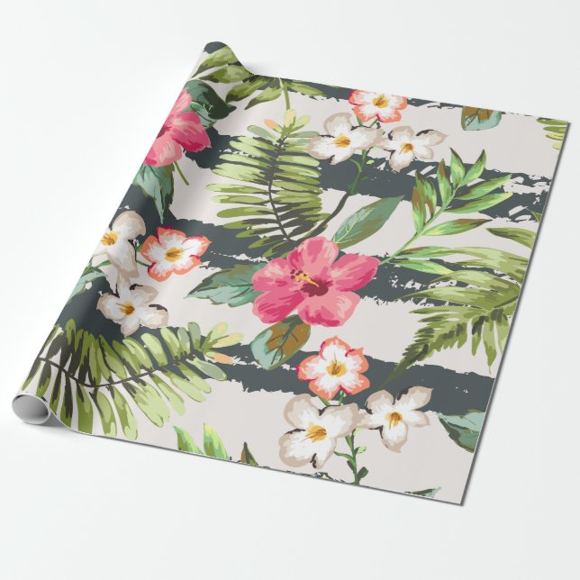 Tropical Hibiscus Flowers Leaves Stripes Pattern Wrapping Paper (Unrolled)