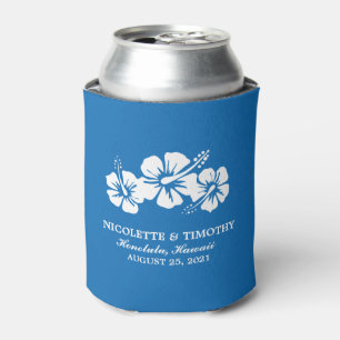 Tropical Hibiscus Flowers Royal Blue Wedding Can Cooler