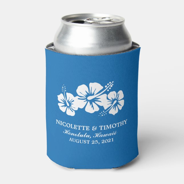 Tropical Hibiscus Flowers | Royal Blue Wedding Can Cooler (Can Front)