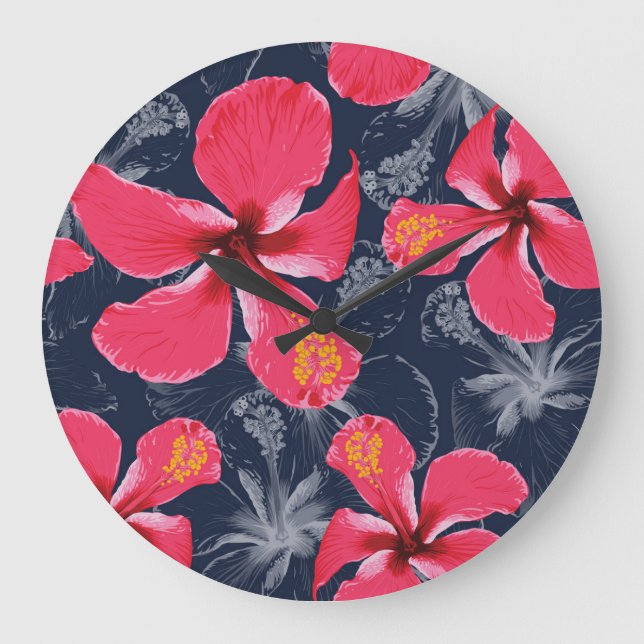 Tropical Hibiscus Flowers Summer Design Large Clock (Front)
