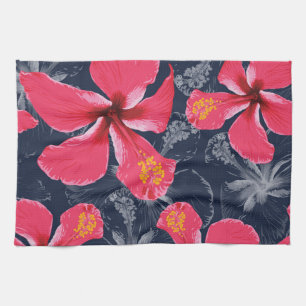 Tropical Hibiscus Flowers Summer Design Tea Towel