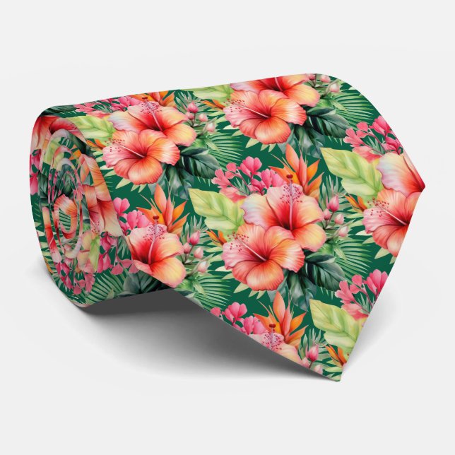Tropical Hibiscus Flowers Summer Neck Tie (Rolled)