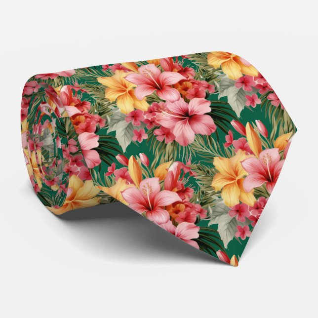 Tropical Hibiscus Flowers Summer Neck Tie (Rolled)
